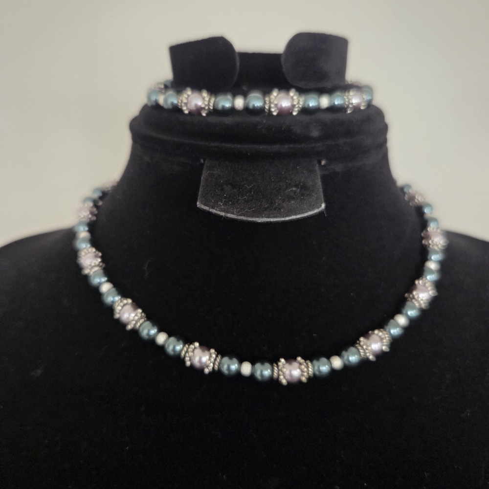Elegant Swarovski Pearls with Sterling Silver Beaded Necklace and Bracelet Set